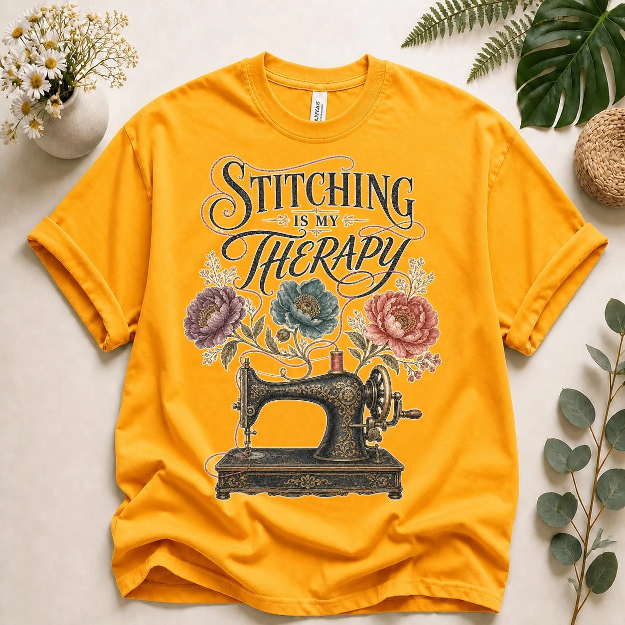 Stitching Is My Therapy Shirt – Vintage Sewing Machine Floral Tee, Gift for Sewists