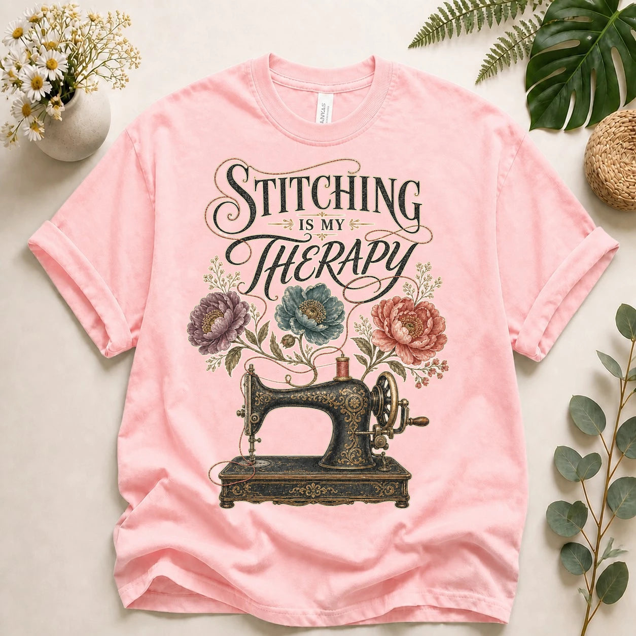 Stitching Is My Therapy Shirt – Vintage Sewing Machine Floral Tee, Gift for Sewists