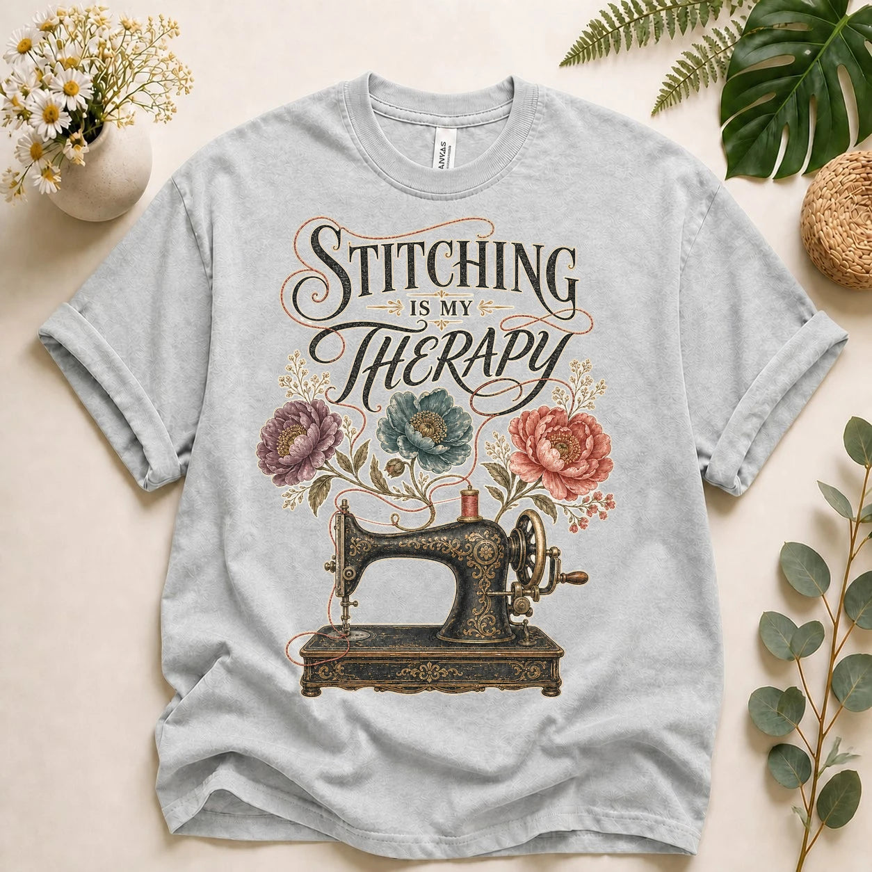 Stitching Is My Therapy Shirt – Vintage Sewing Machine Floral Tee, Gift for Sewists