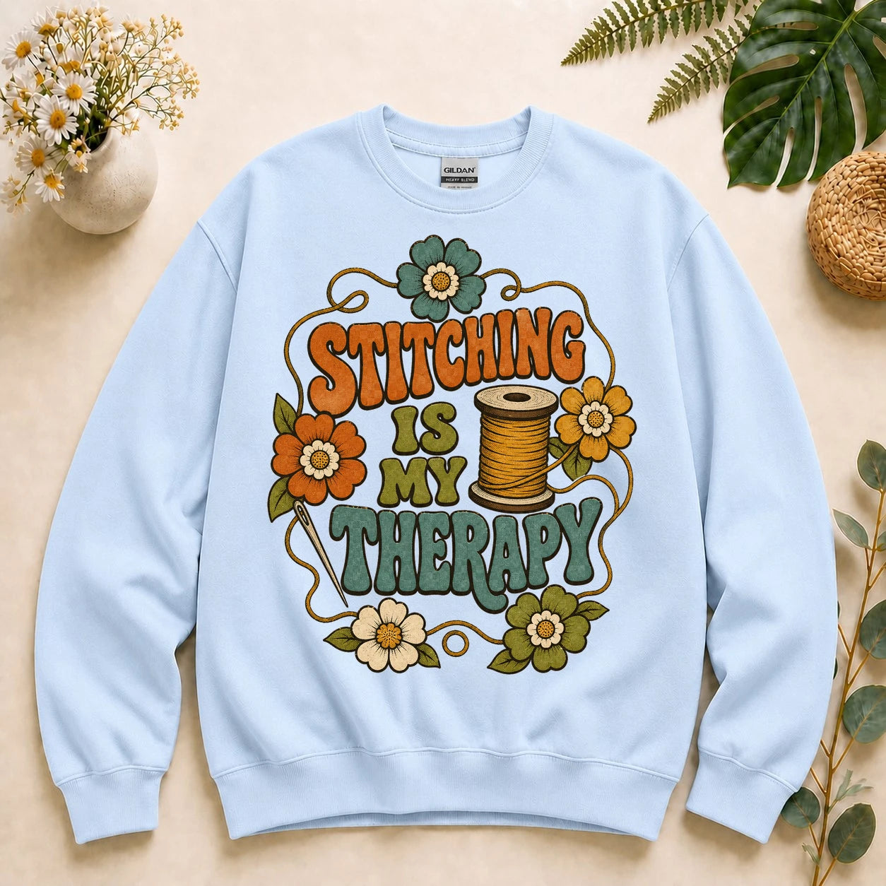 Stitching Is My Therapy Sweatshirt – Retro Sewing Crewneck, Gift for Sewists & Quilters