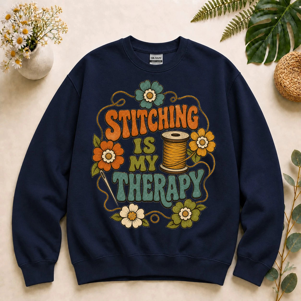 Stitching Is My Therapy Sweatshirt – Retro Sewing Crewneck, Gift for Sewists & Quilters