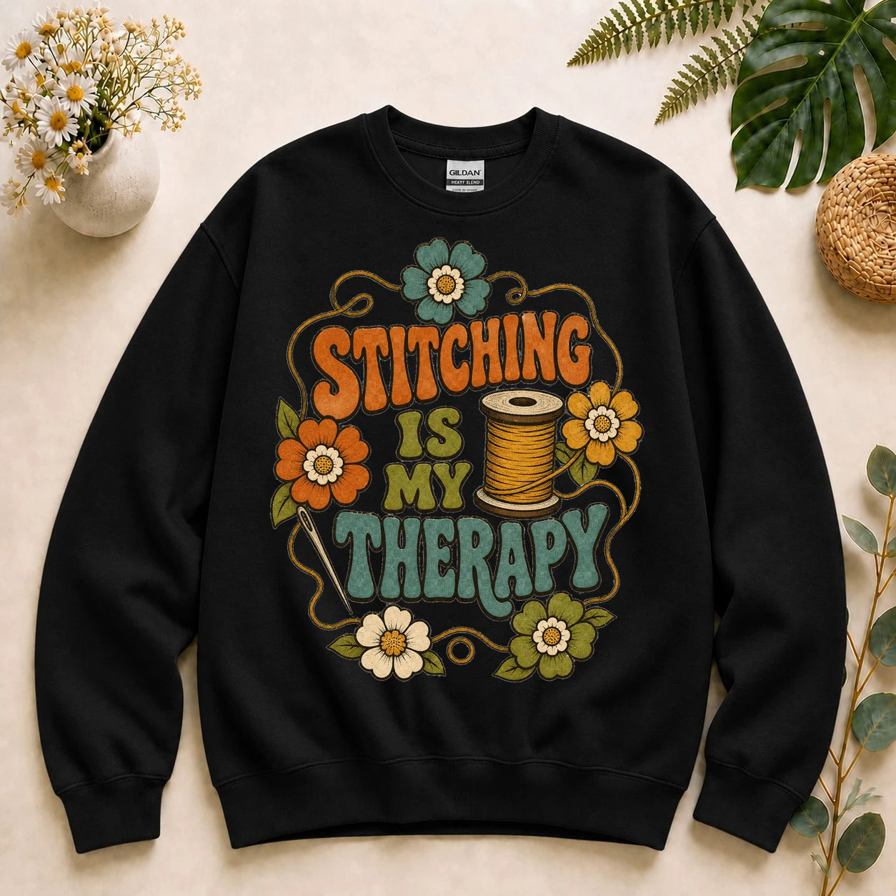 Stitching Is My Therapy Sweatshirt – Retro Sewing Crewneck, Gift for Sewists & Quilters