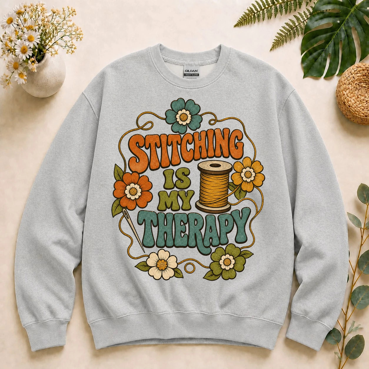 Stitching Is My Therapy Sweatshirt – Retro Sewing Crewneck, Gift for Sewists & Quilters