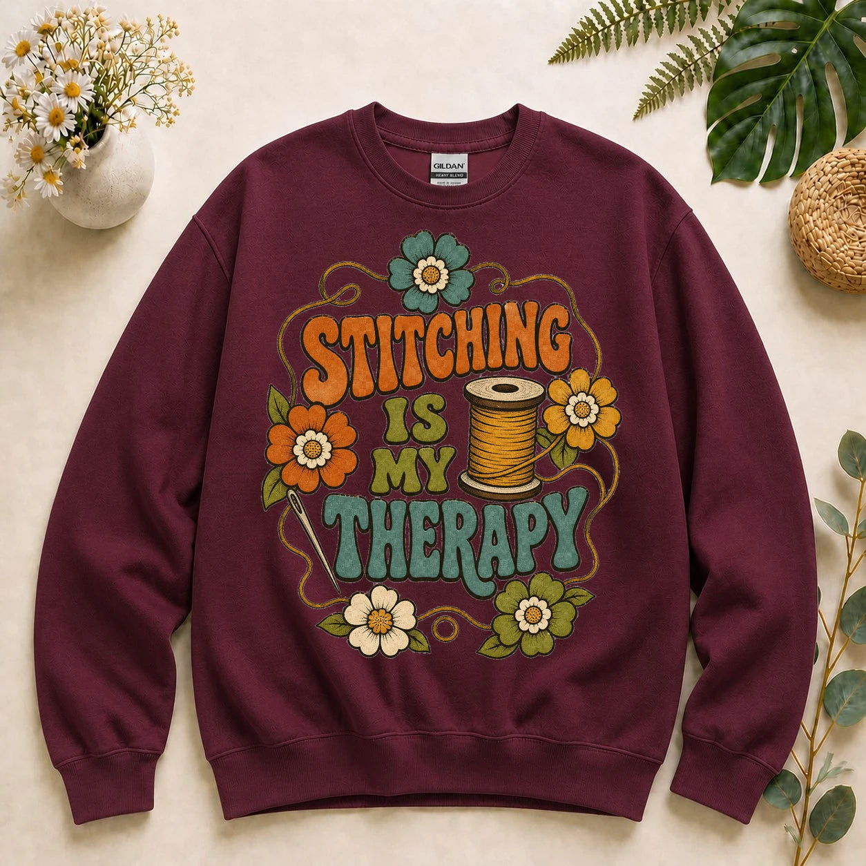 Stitching Is My Therapy Sweatshirt – Retro Sewing Crewneck, Gift for Sewists & Quilters