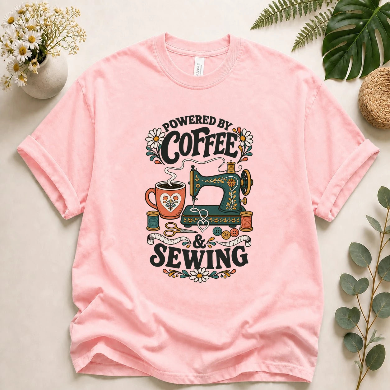Powered by Coffee & Sewing Shirt – Funny Sewing Lover T-Shirt, Gift for Sewists