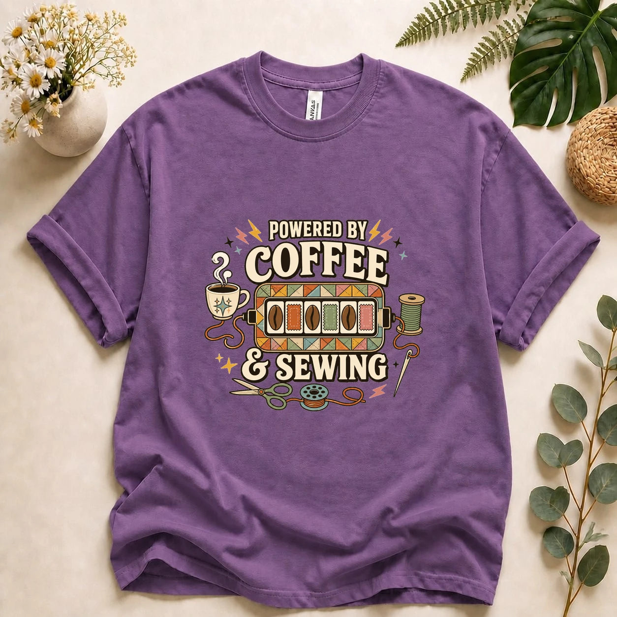 Powered by Coffee & Sewing Shirt – Funny Sewing Lover Tee, Gift for Sewists & Crafters