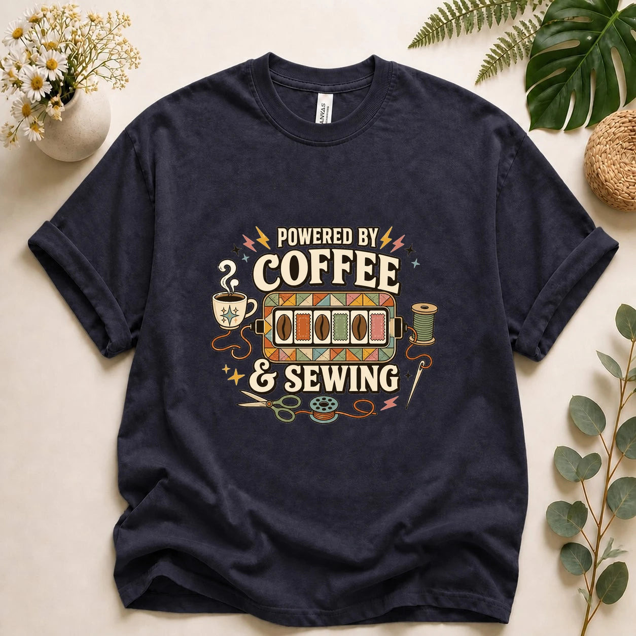 Powered by Coffee & Sewing Shirt – Funny Sewing Lover Tee, Gift for Sewists & Crafters