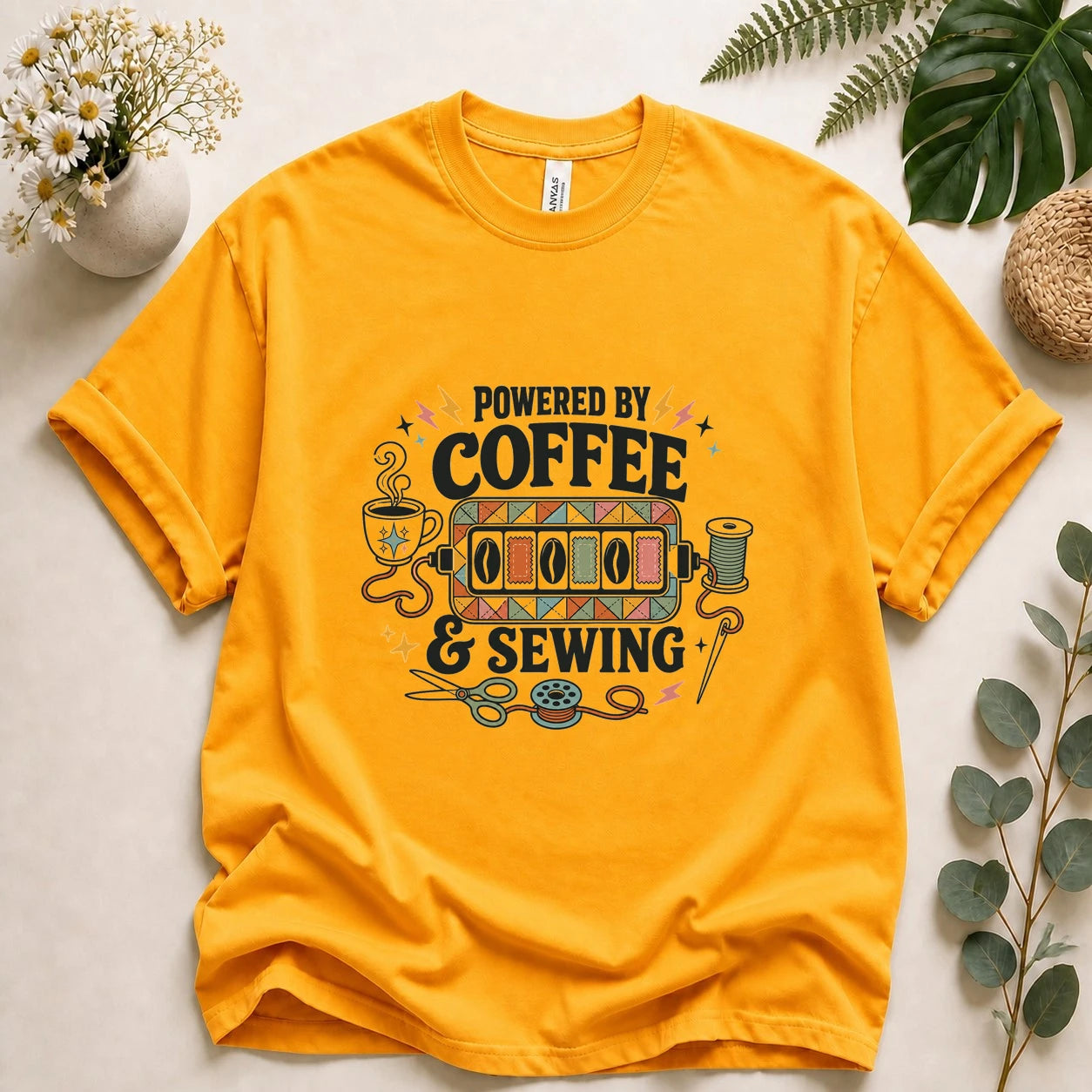 Powered by Coffee & Sewing Shirt – Funny Sewing Lover Tee, Gift for Sewists & Crafters