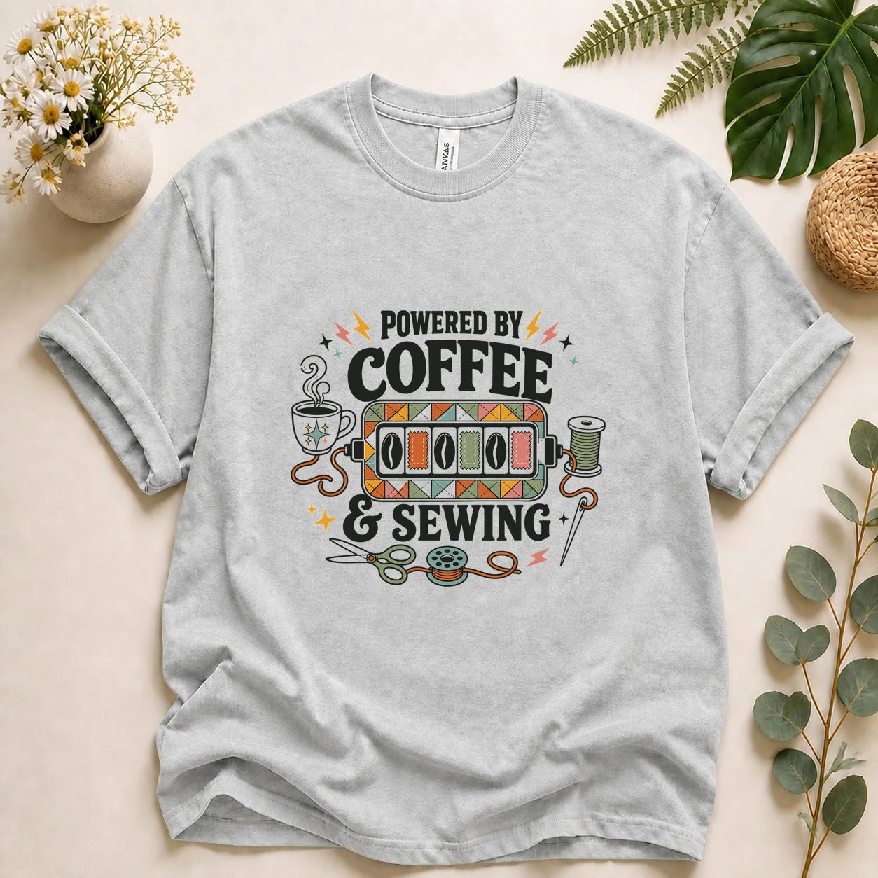 Powered by Coffee & Sewing Shirt – Funny Sewing Lover Tee, Gift for Sewists & Crafters