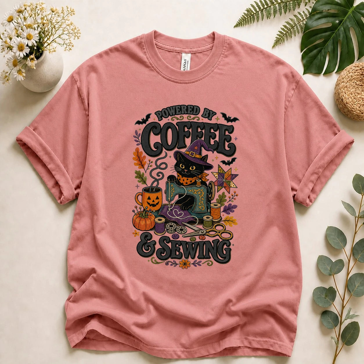 Powered by Coffee & Sewing Halloween Shirt – Black Cat Sewing Tee, Spooky Sewist Gift