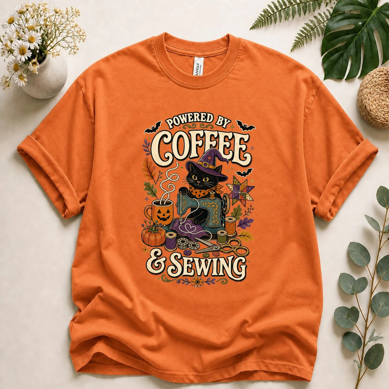 Powered by Coffee & Sewing Halloween Shirt – Black Cat Sewing Tee, Spooky Sewist Gift