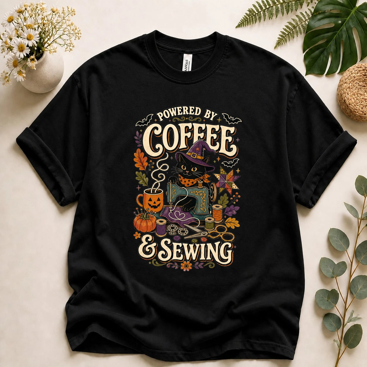 Powered by Coffee & Sewing Halloween Shirt – Black Cat Sewing Tee, Spooky Sewist Gift