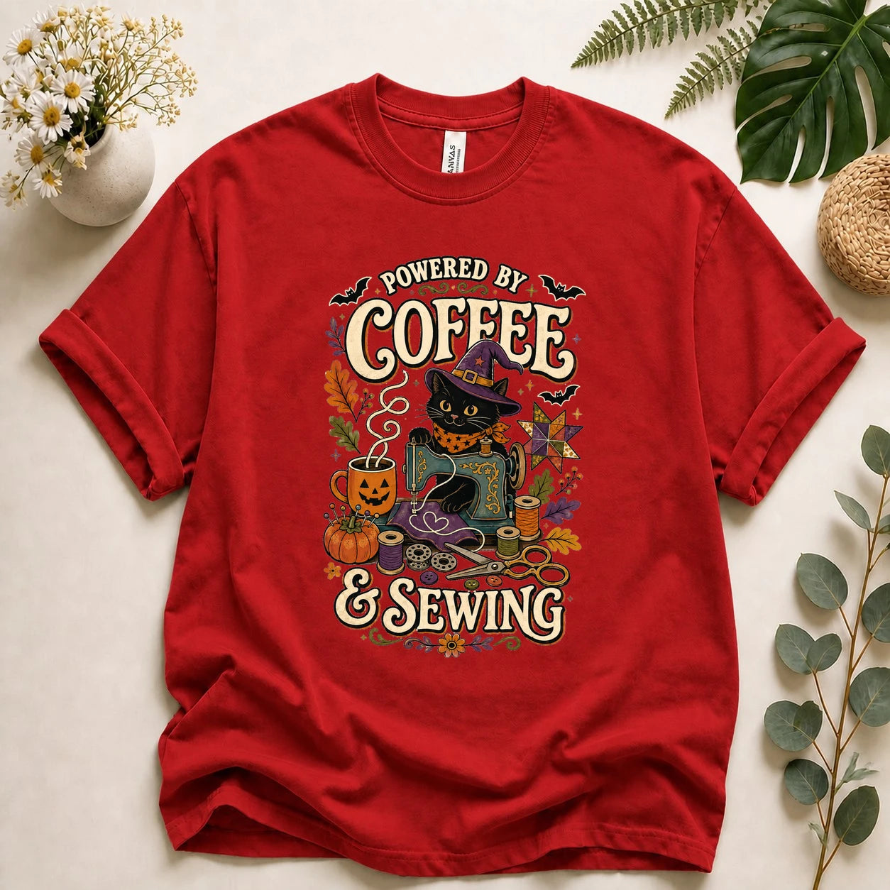 Powered by Coffee & Sewing Halloween Shirt – Black Cat Sewing Tee, Spooky Sewist Gift
