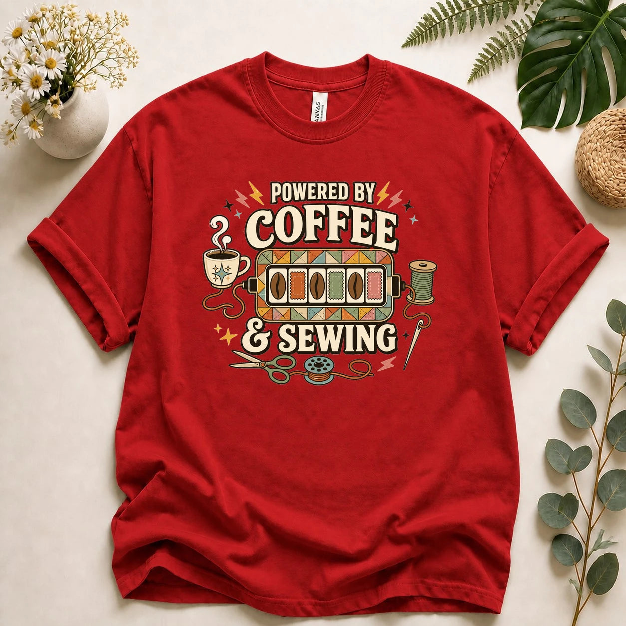 Powered by Coffee & Sewing Shirt – Retro Sewing Lover Tee, Funny Sewist & Quilter Gift