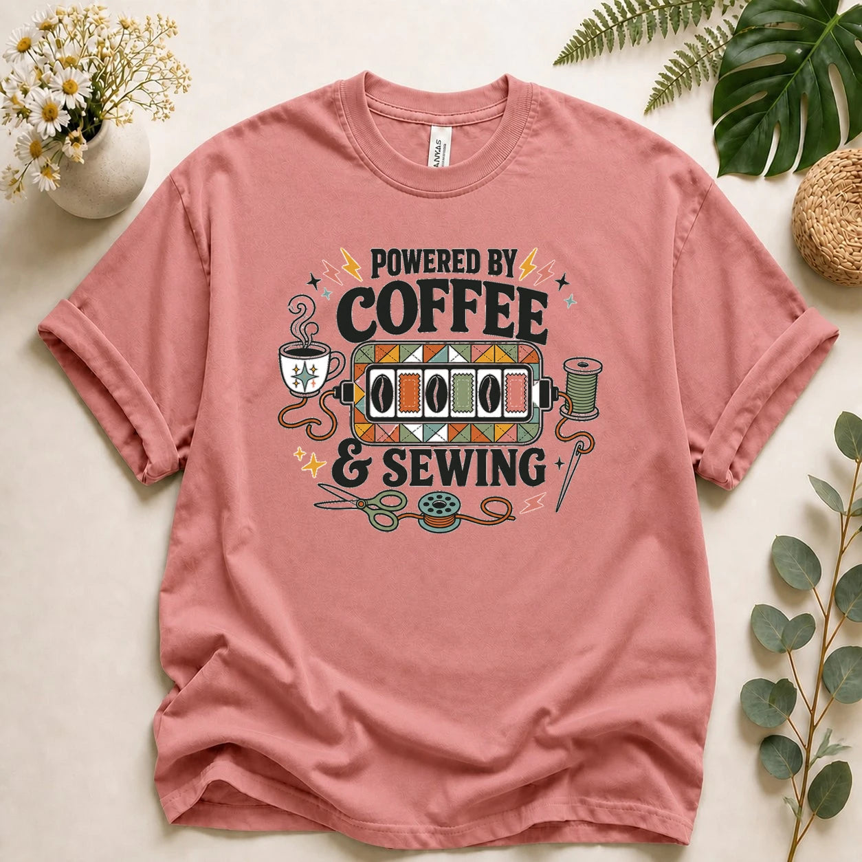Powered by Coffee & Sewing Shirt – Retro Sewing Lover Tee, Funny Sewist & Quilter Gift