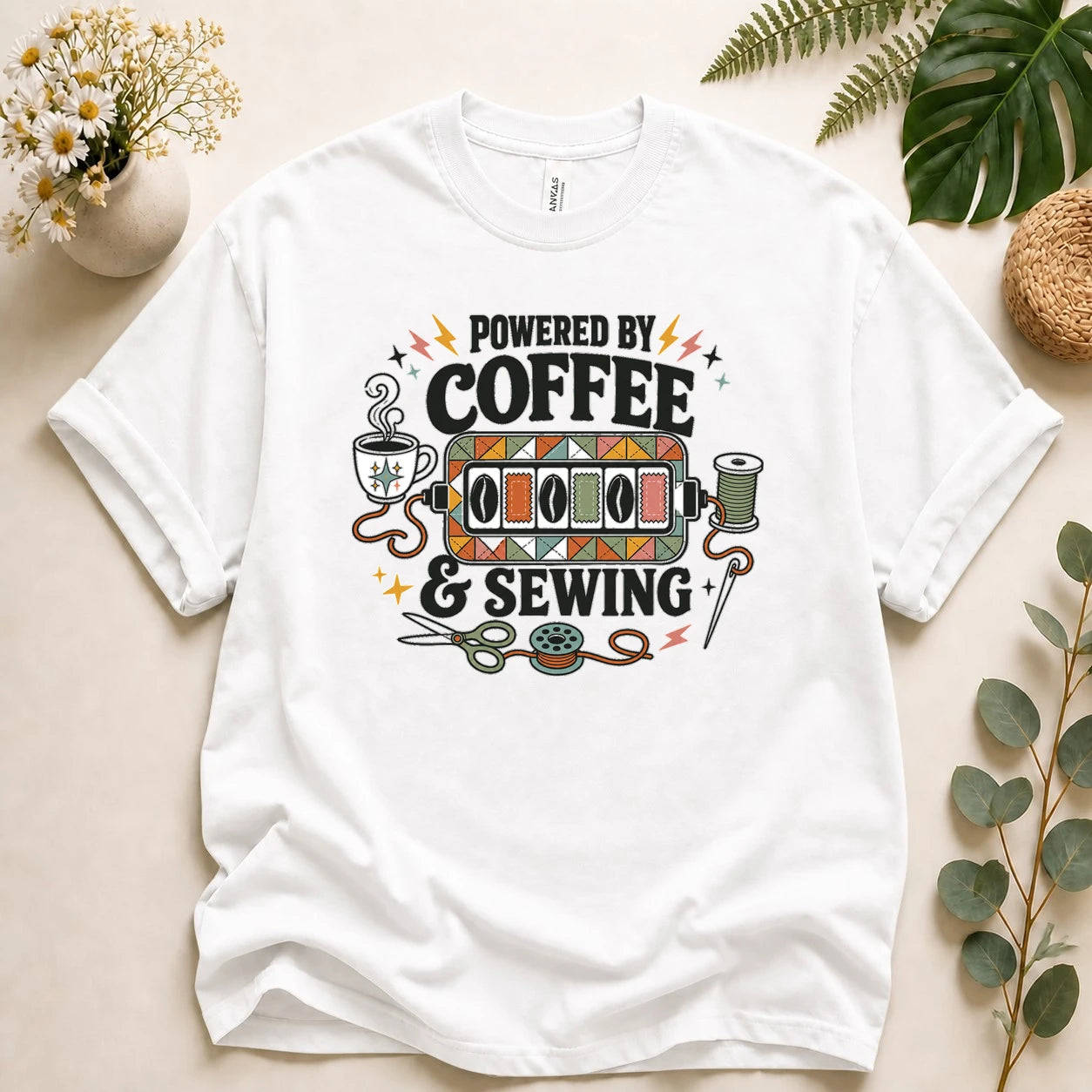Powered by Coffee & Sewing Shirt – Retro Sewing Lover Tee, Funny Sewist & Quilter Gift
