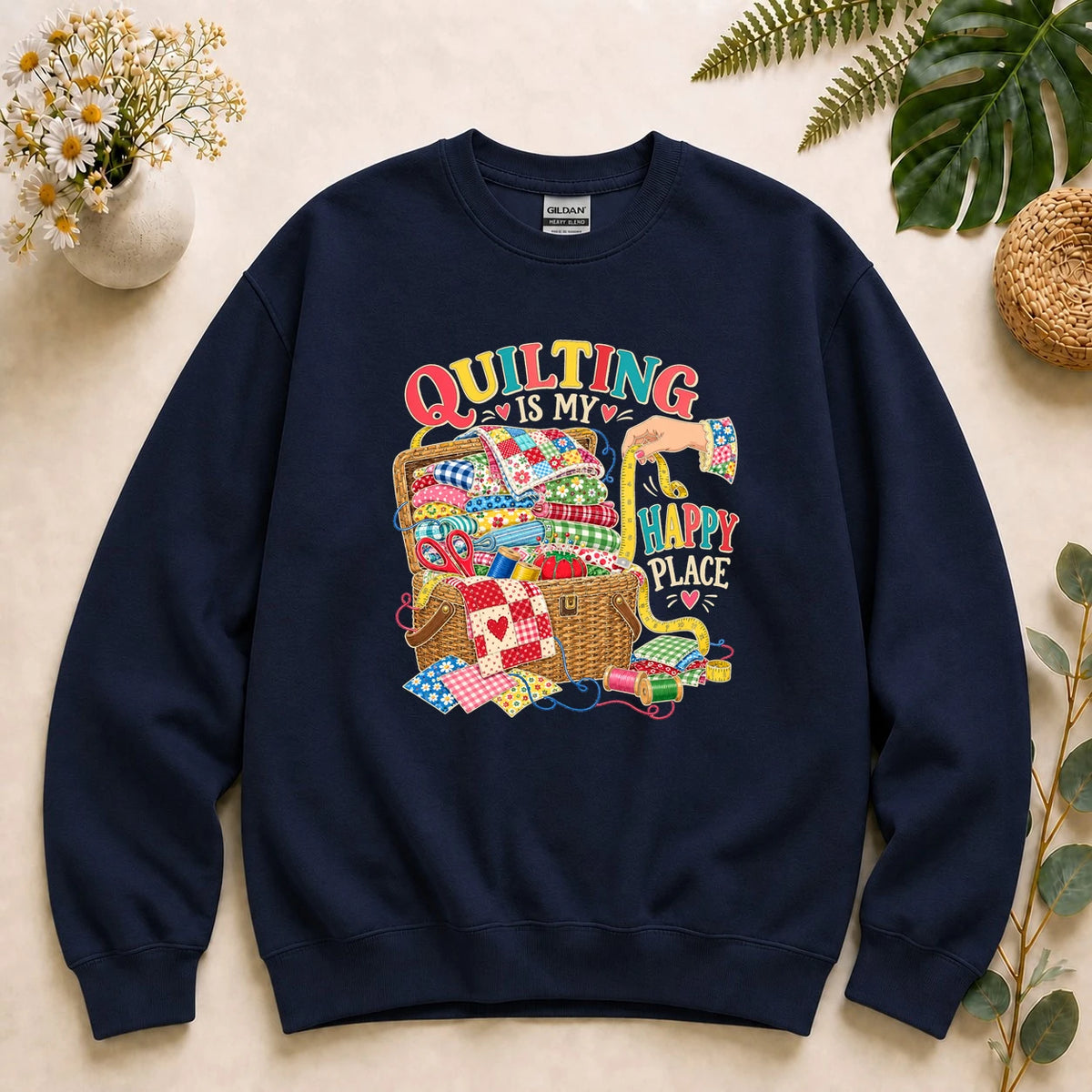 Quilting Is My Happy Place – Quilter Gift, Colorful Quilt Lover Sweatshirt