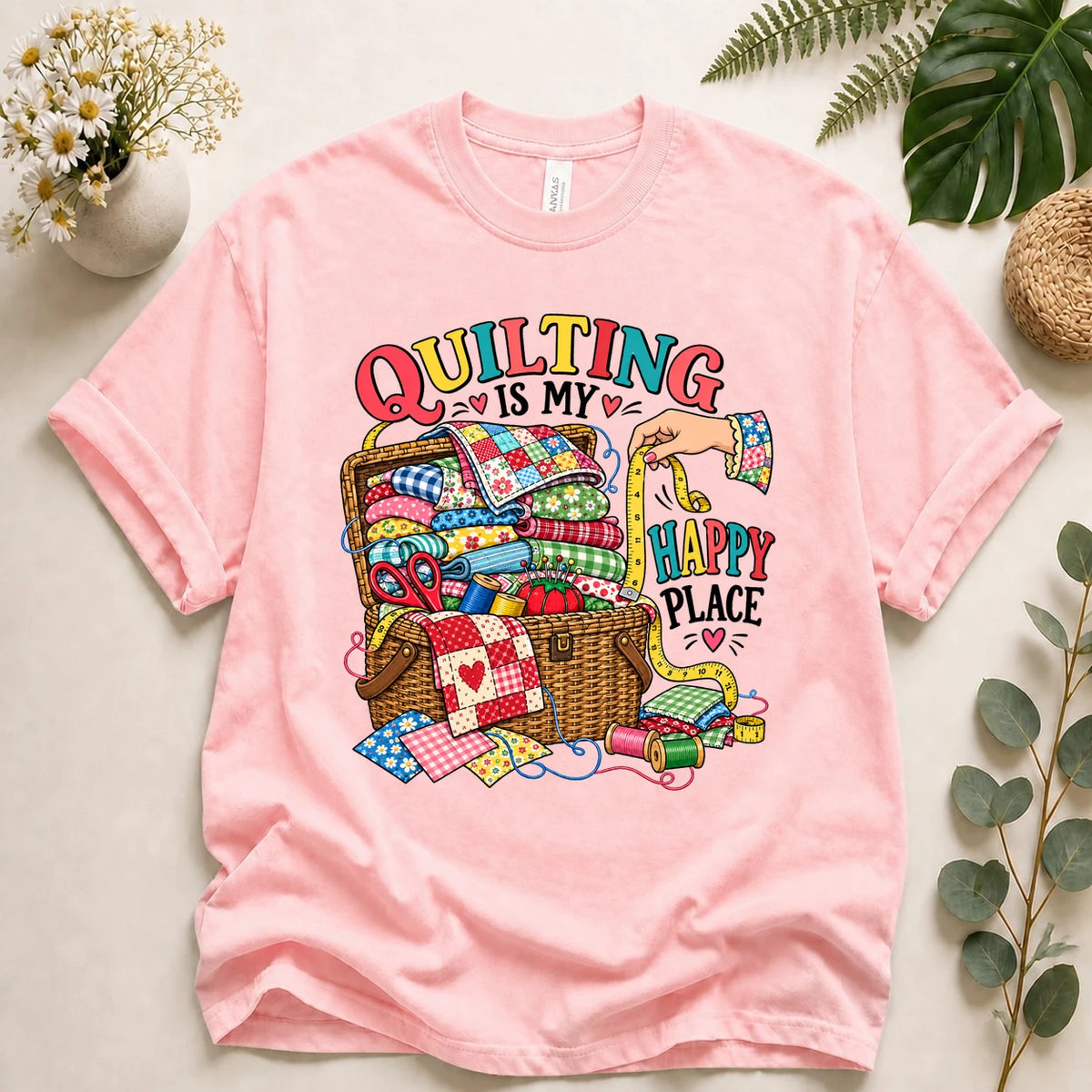Quilting Is My Happy Place – Quilter Gift, Colorful Quilt Lover T-Shirt