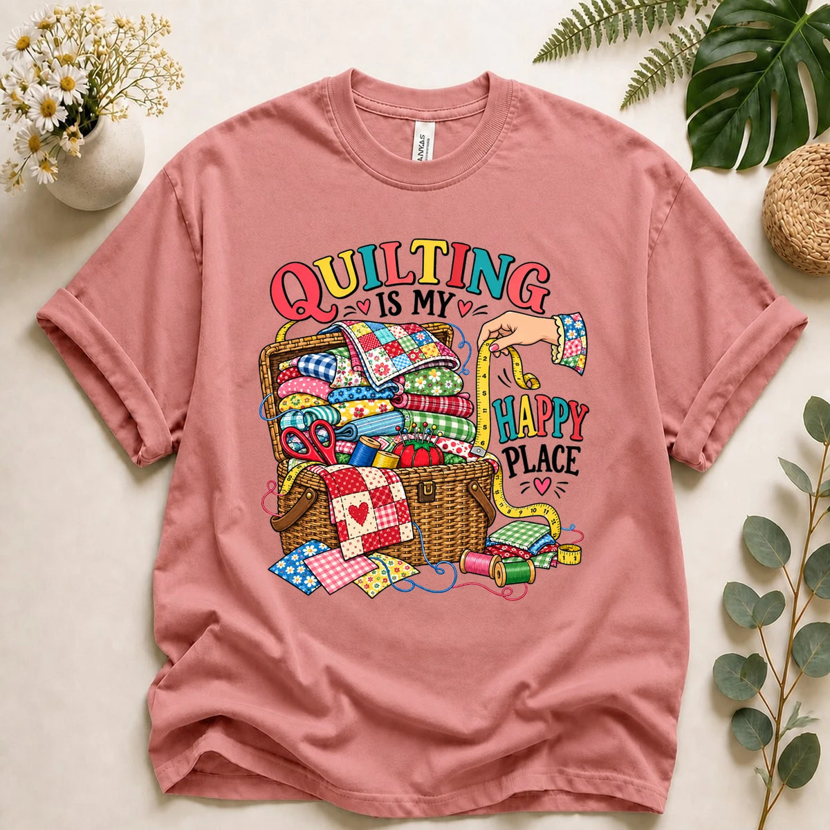 Quilting Is My Happy Place – Quilter Gift, Colorful Quilt Lover T-Shirt