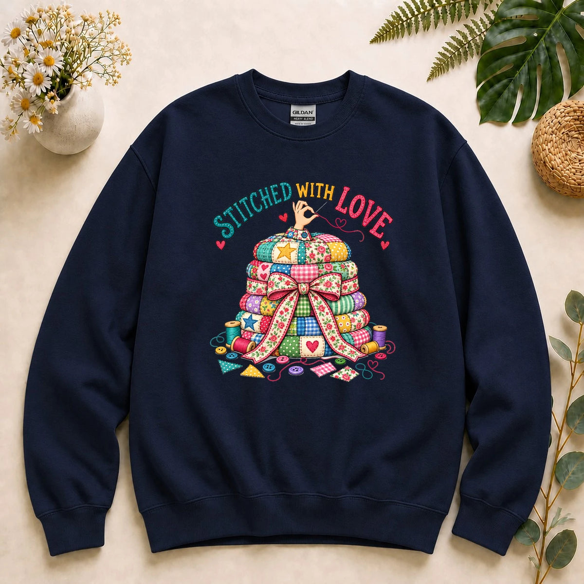 Stitched With Love – Quilter Gift, Colorful Patchwork & Sewing Lover Sweatshirt