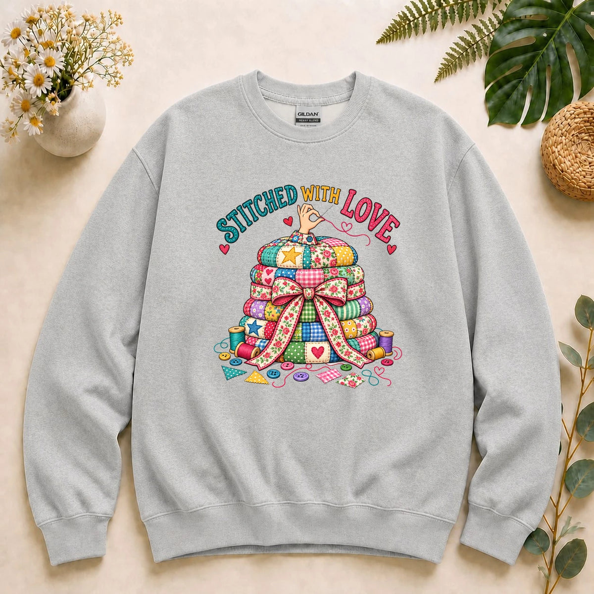 Stitched With Love – Quilter Gift, Colorful Patchwork & Sewing Lover Sweatshirt
