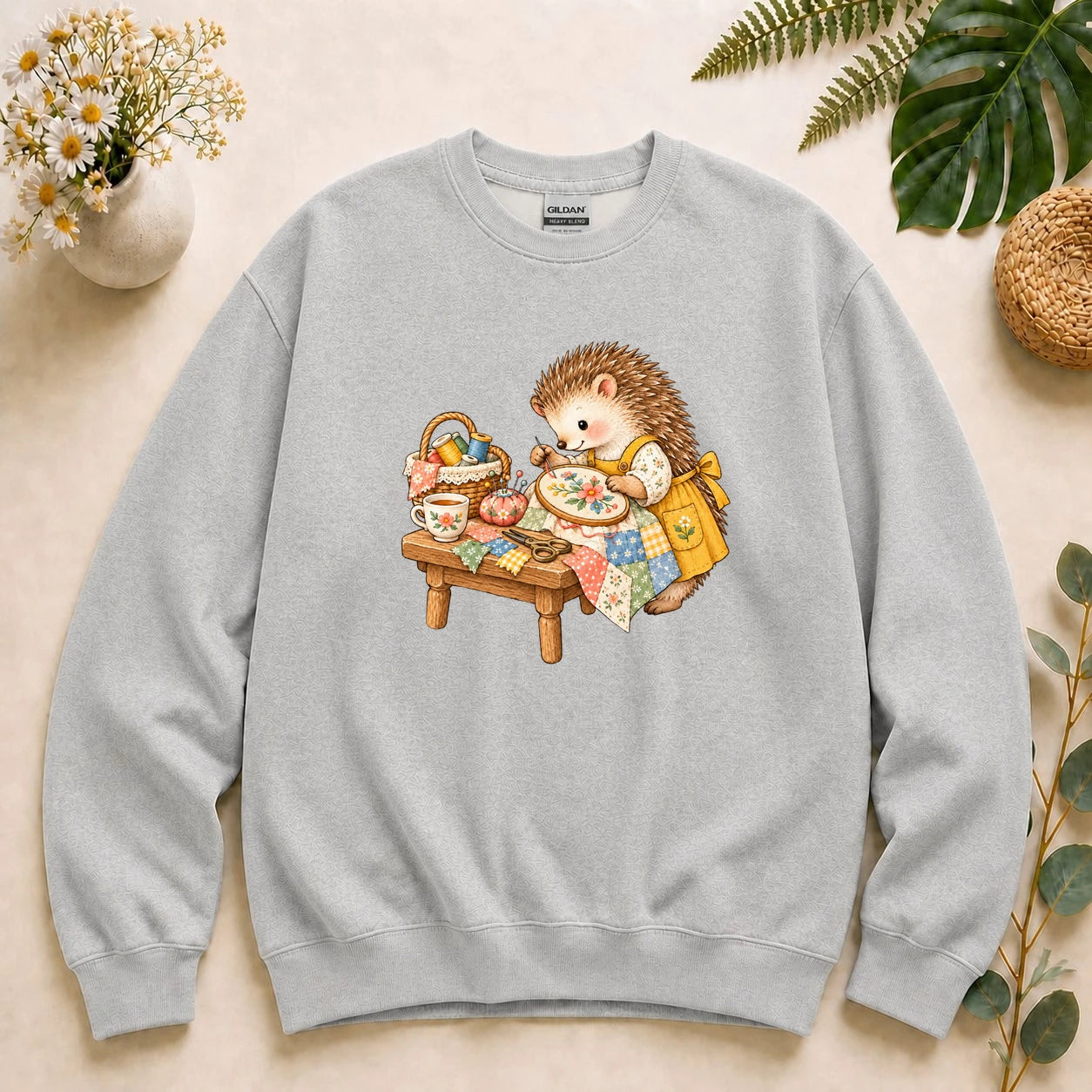 Cute Hedgehog Embroidery – Sewing Lover Gift, Cozy Patchwork Crafter Sweatshirt