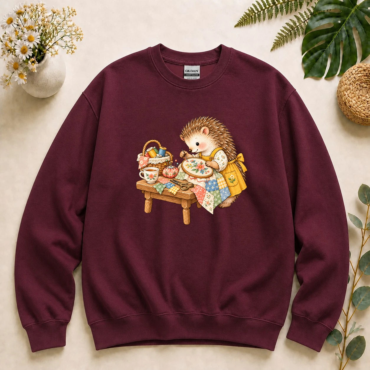 Cute Hedgehog Embroidery – Sewing Lover Gift, Cozy Patchwork Crafter Sweatshirt