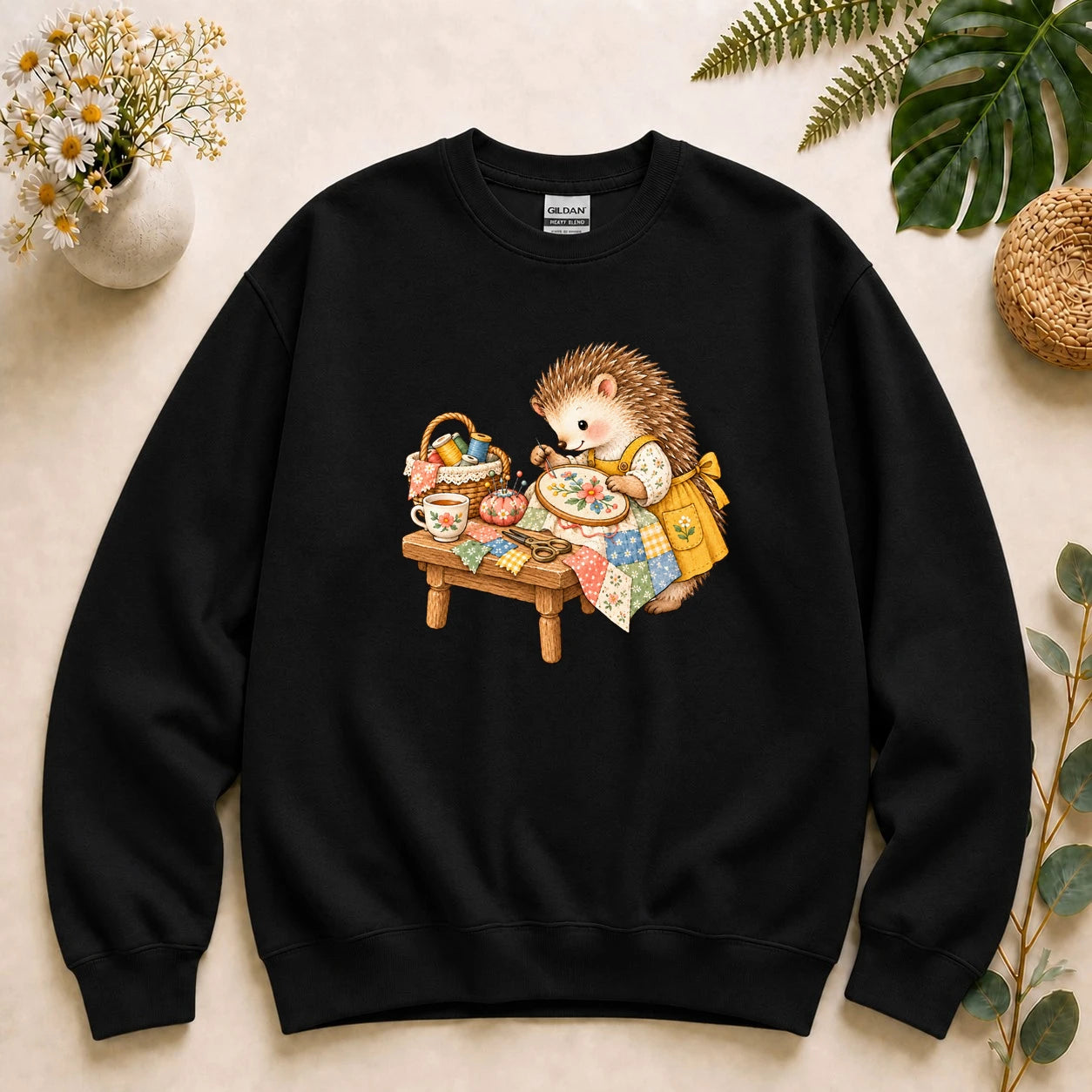Cute Hedgehog Embroidery – Sewing Lover Gift, Cozy Patchwork Crafter Sweatshirt