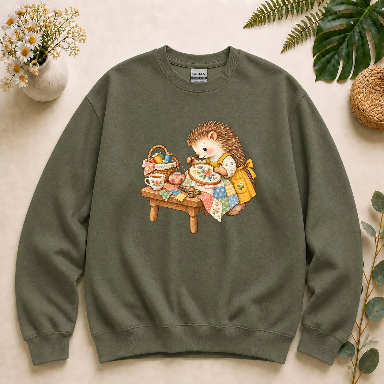 Cute Hedgehog Embroidery – Sewing Lover Gift, Cozy Patchwork Crafter Sweatshirt