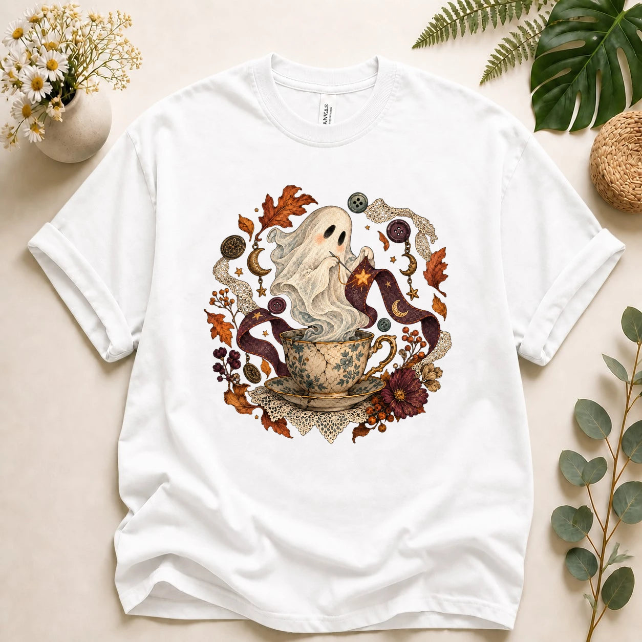 Ghost Sewing Tea – Halloween Crafter Gift, Vintage Stitching Lover T-Shirt
