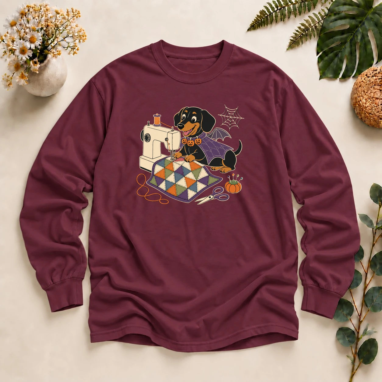 Halloween Sewing Dachshund – Cute Quilter Gift, Spooky Dog Lover Long Sleeve T-Shirt