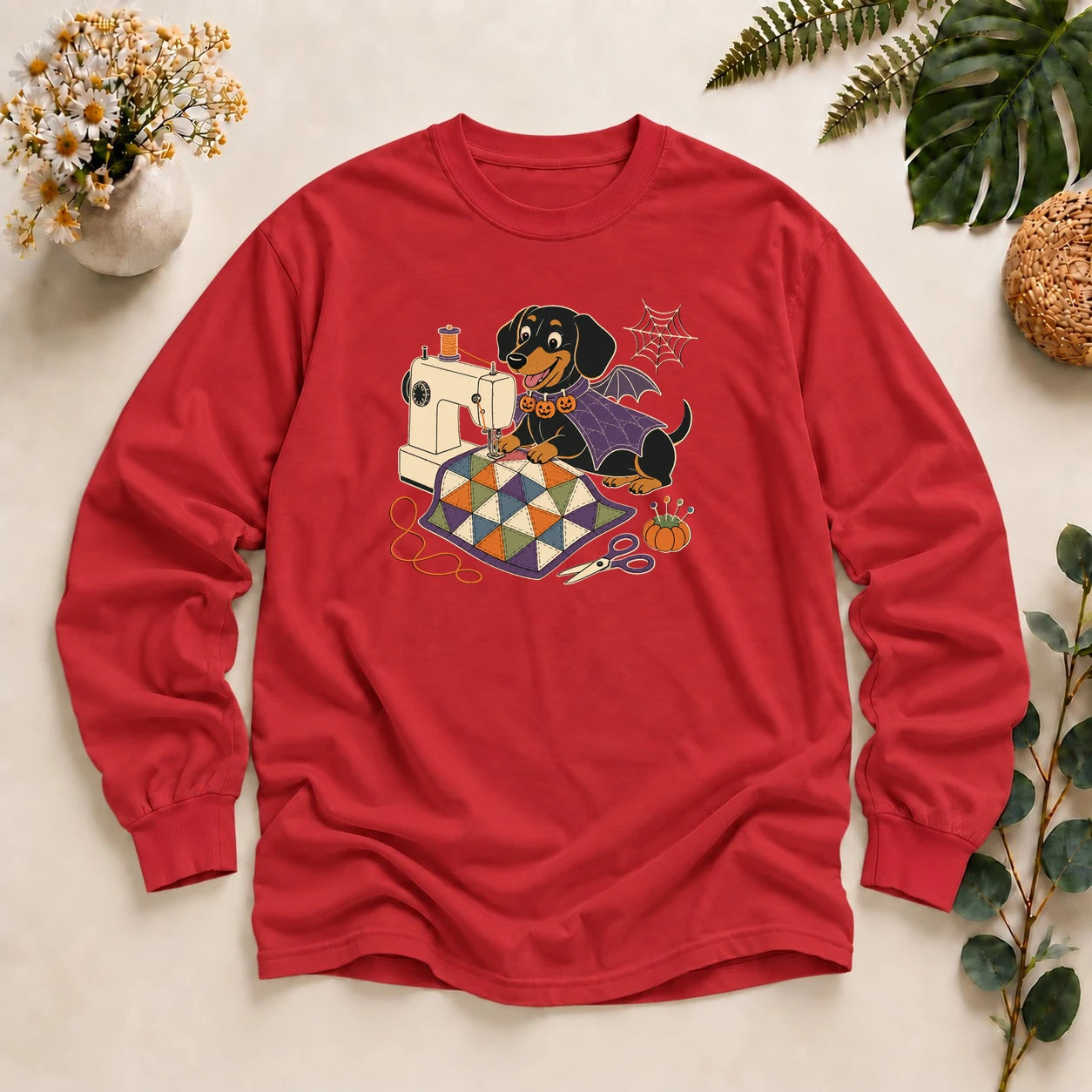 Halloween Sewing Dachshund – Cute Quilter Gift, Spooky Dog Lover Long Sleeve T-Shirt