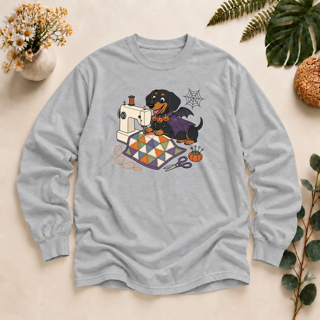 Halloween Sewing Dachshund – Cute Quilter Gift, Spooky Dog Lover Long Sleeve T-Shirt