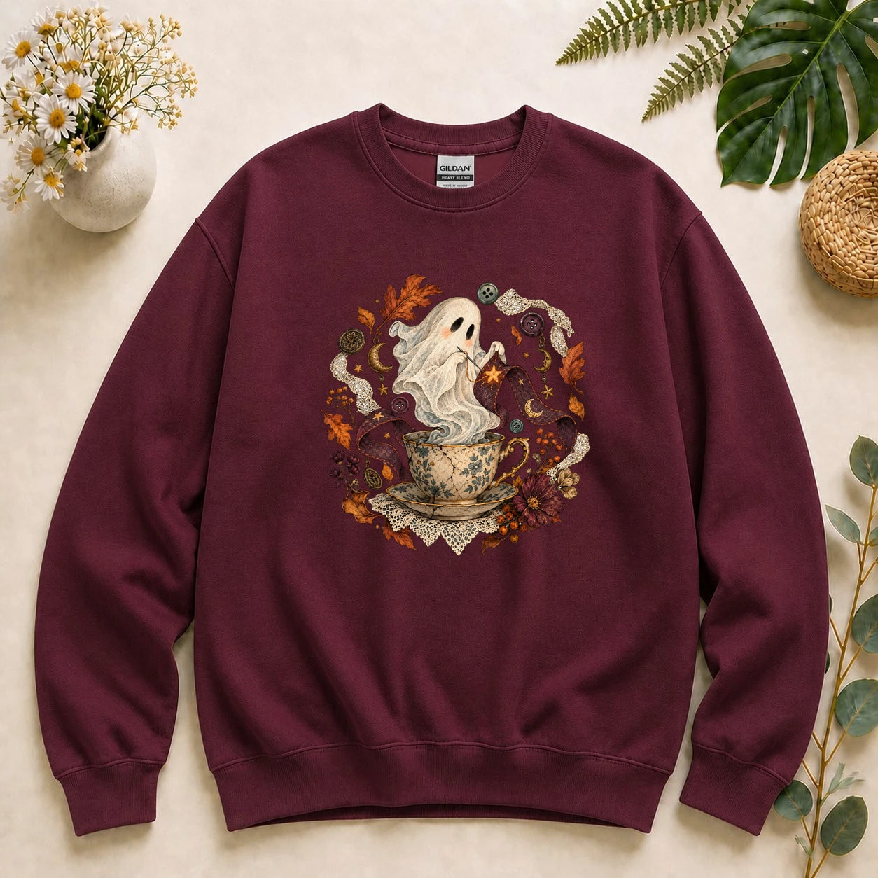 Ghost Sewing Tea – Halloween Crafter Gift, Vintage Stitching Lover Sweatshirt