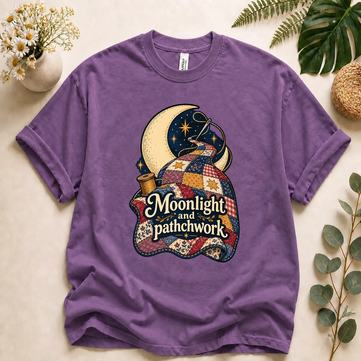Moonlight and Patchwork – Celestial Quilter Gift, Vintage Quilt Lover T-Shirt