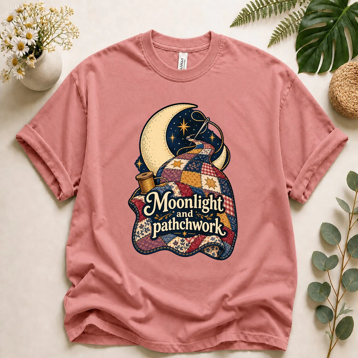 Moonlight and Patchwork – Celestial Quilter Gift, Vintage Quilt Lover T-Shirt