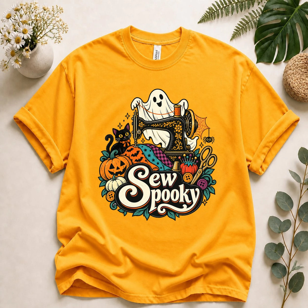 Sew Spooky – Halloween Sewing Lover Gift, Ghost Quilter & Black Cat T-Shirt