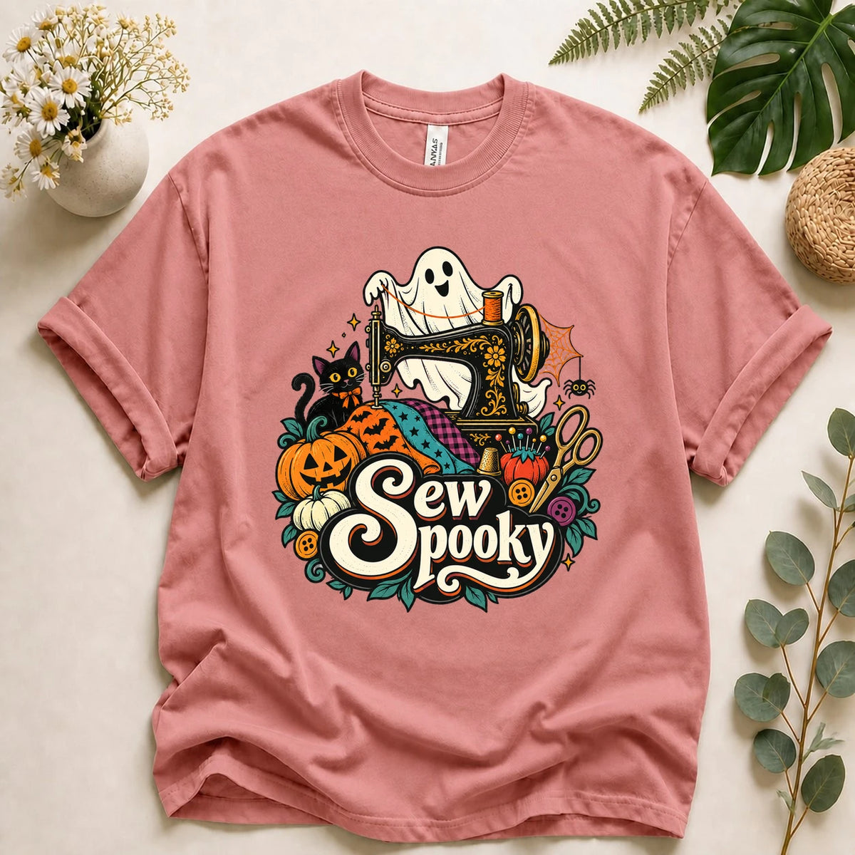 Sew Spooky – Halloween Sewing Lover Gift, Ghost Quilter & Black Cat T-Shirt