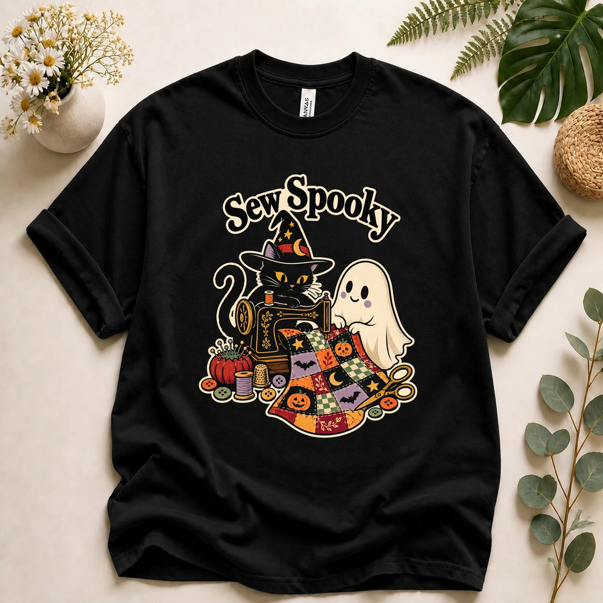 Sew Spooky – Halloween Quilter Gift, Black Cat & Ghost Sewing T-Shirt