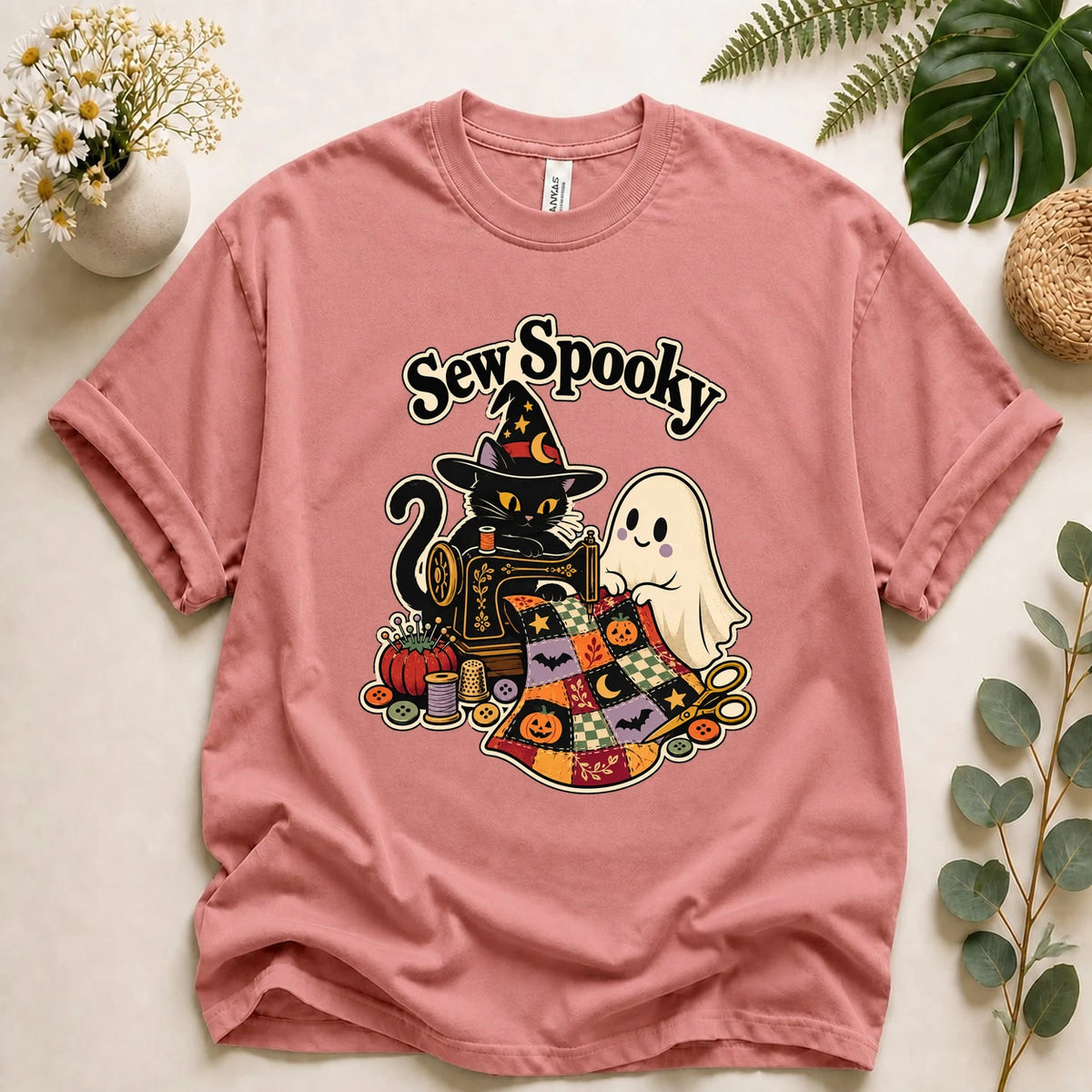 Sew Spooky – Halloween Quilter Gift, Black Cat & Ghost Sewing T-Shirt