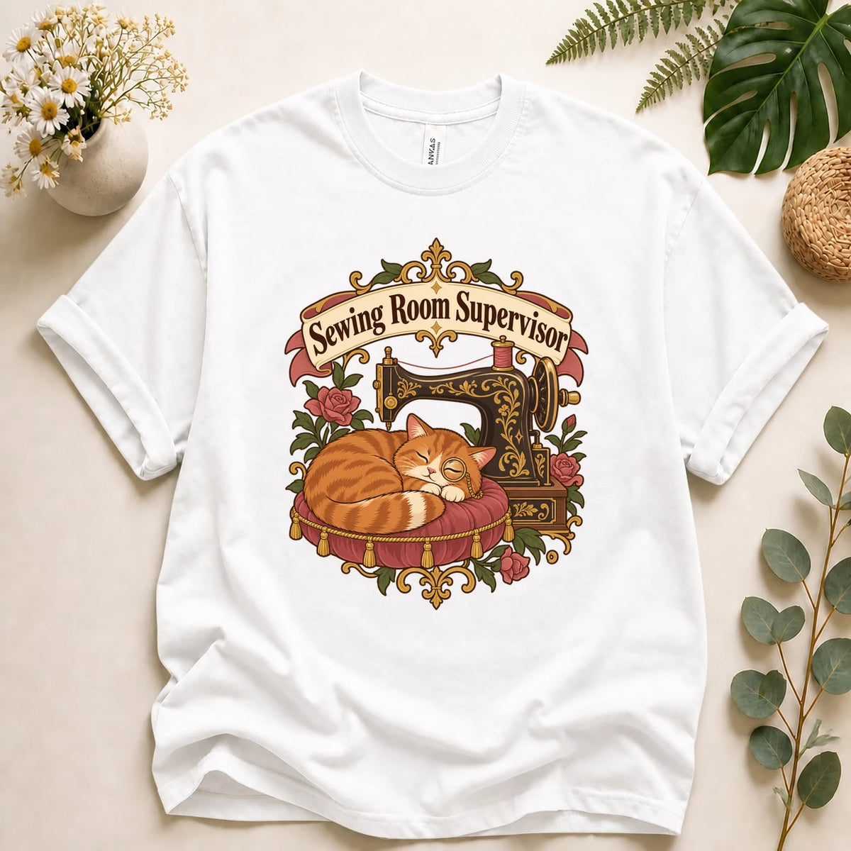 Sewing Room Supervisor Shirt, Cat Lover Sewing Gift, Funny Seamstress Tee, Vintage Sewing Machine Cat Shirt, Quilter Gift T-Shirt