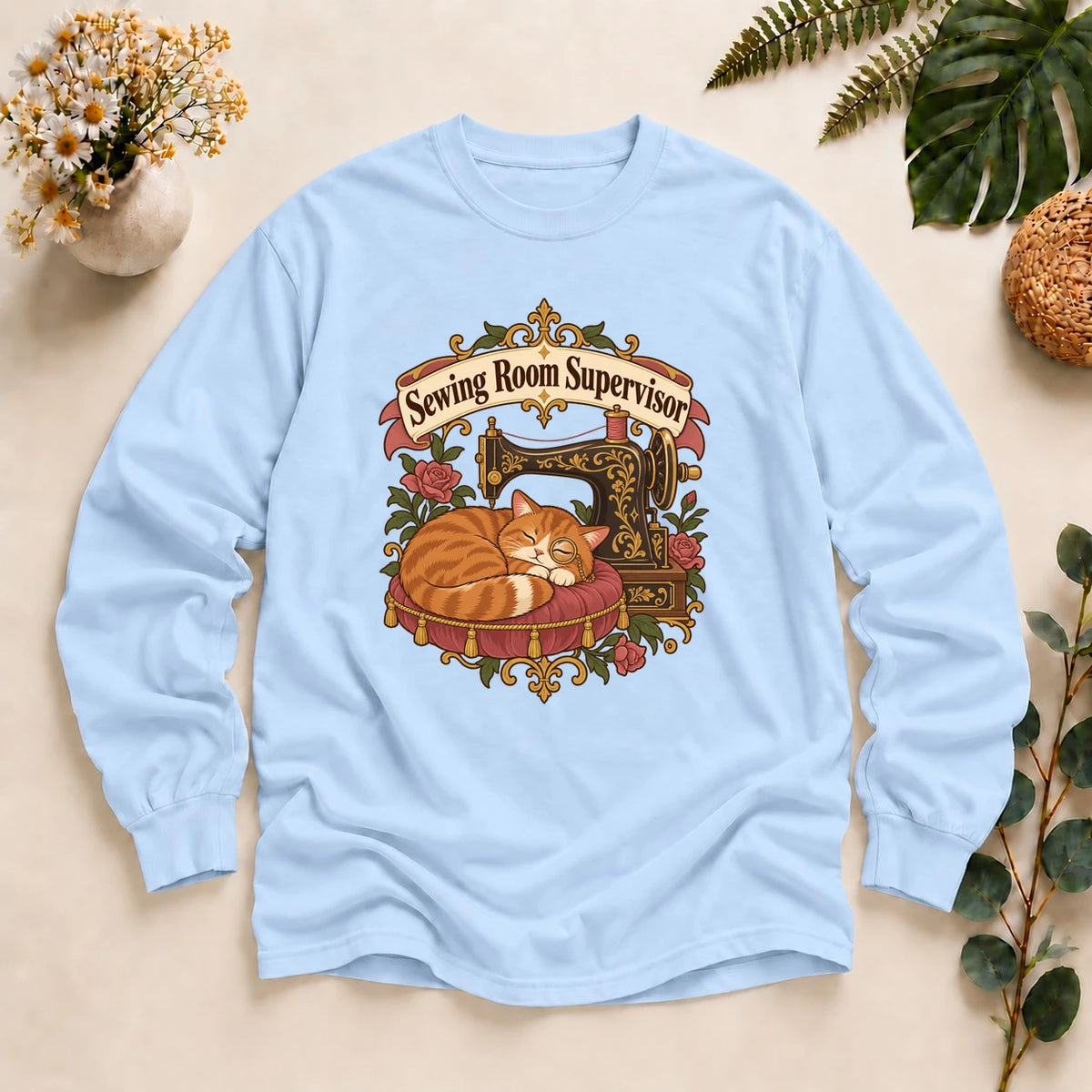 Sewing Room Supervisor Shirt, Cat Lover Sewing Gift, Funny Seamstress Tee, Vintage Sewing Machine Cat Shirt, Quilter Gift Long Sleeve T-Shirt