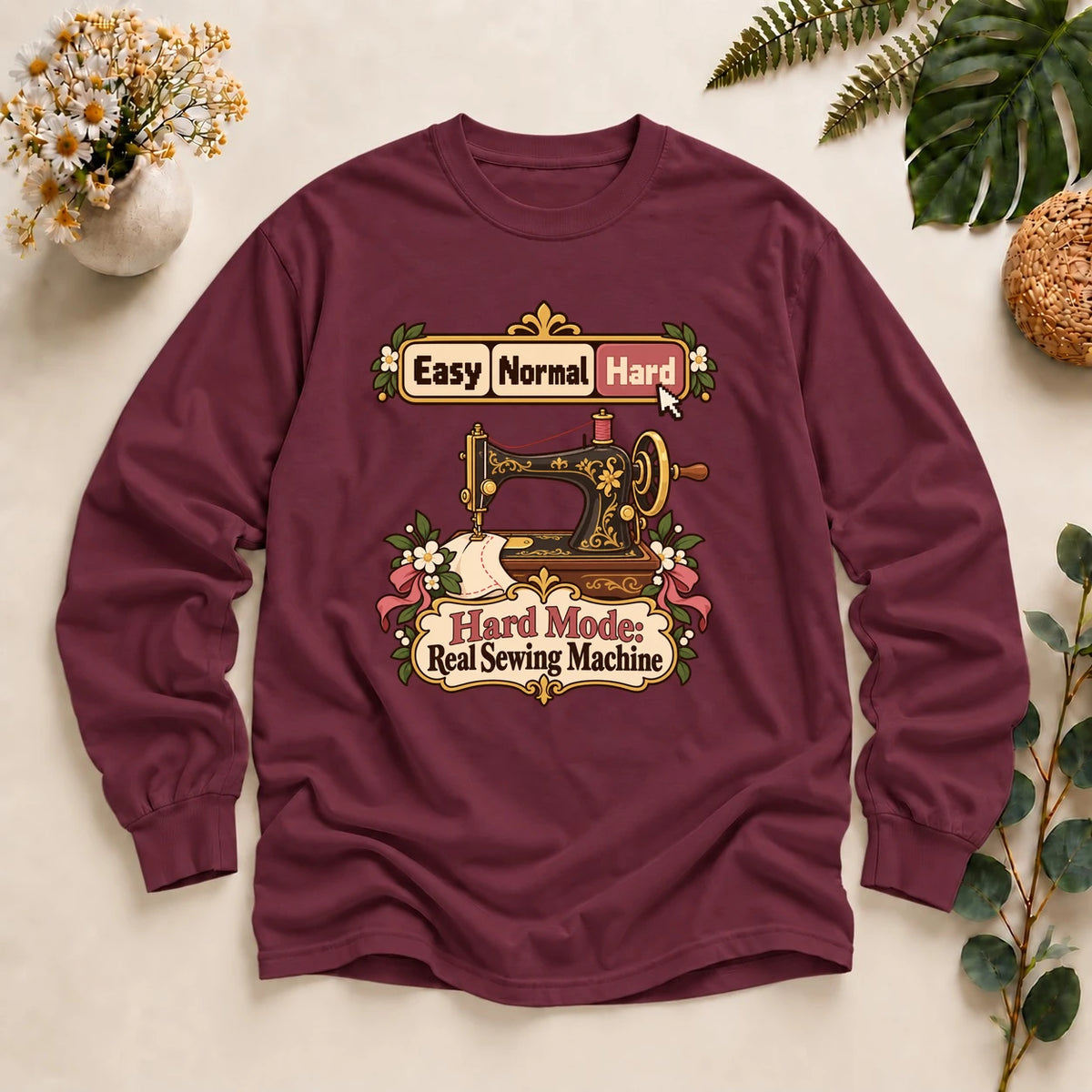 Hard Mode Real Sewing Machine Shirt, Cozy Gamer Sewing Tee, Funny Sewing Gift, Vintage Sewing Machine Shirt Long Sleeve T-Shirt
