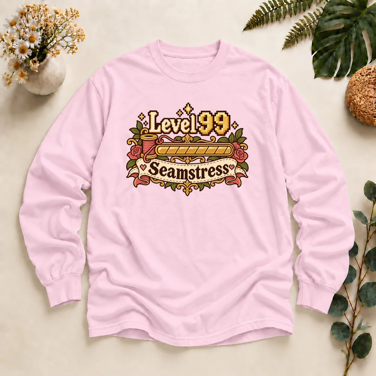 Level 99 Seamstress Shirt, Gamer Sewing Gift, Cozy Gamer Tee, Funny Seamstress Shirt, Sewing Lover Gift Long Sleeve T-Shirt