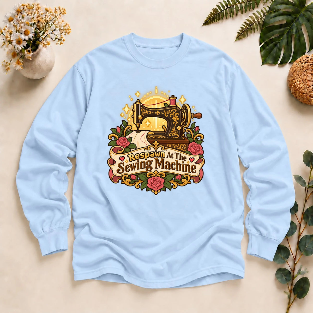 Respawn At The Sewing Machine Shirt, Gamer Sewing Tee, Cozy Gamer Gift, Vintage Sewing Machine Shirt Long Sleeve T-Shirt