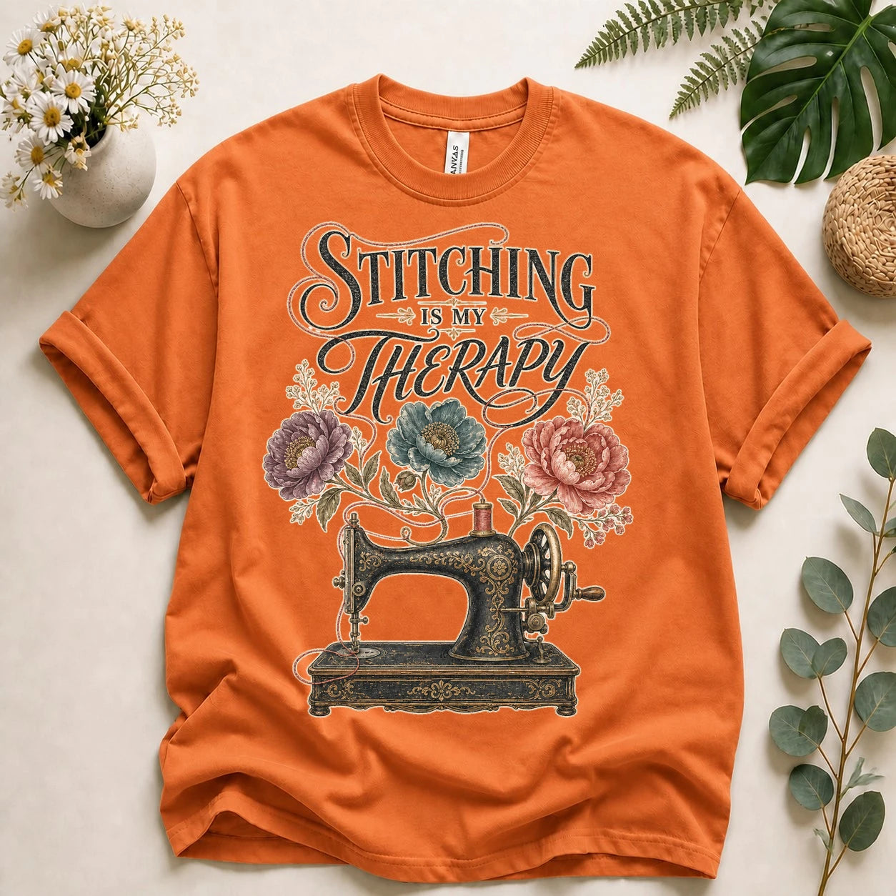 Stitching Is My Therapy Shirt – Vintage Sewing Machine Floral Tee, Gift for Sewists