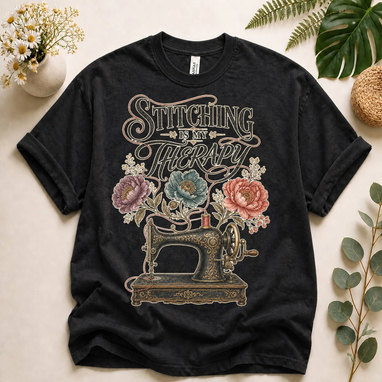 Stitching Is My Therapy Shirt – Vintage Sewing Machine Floral Tee, Gift for Sewists