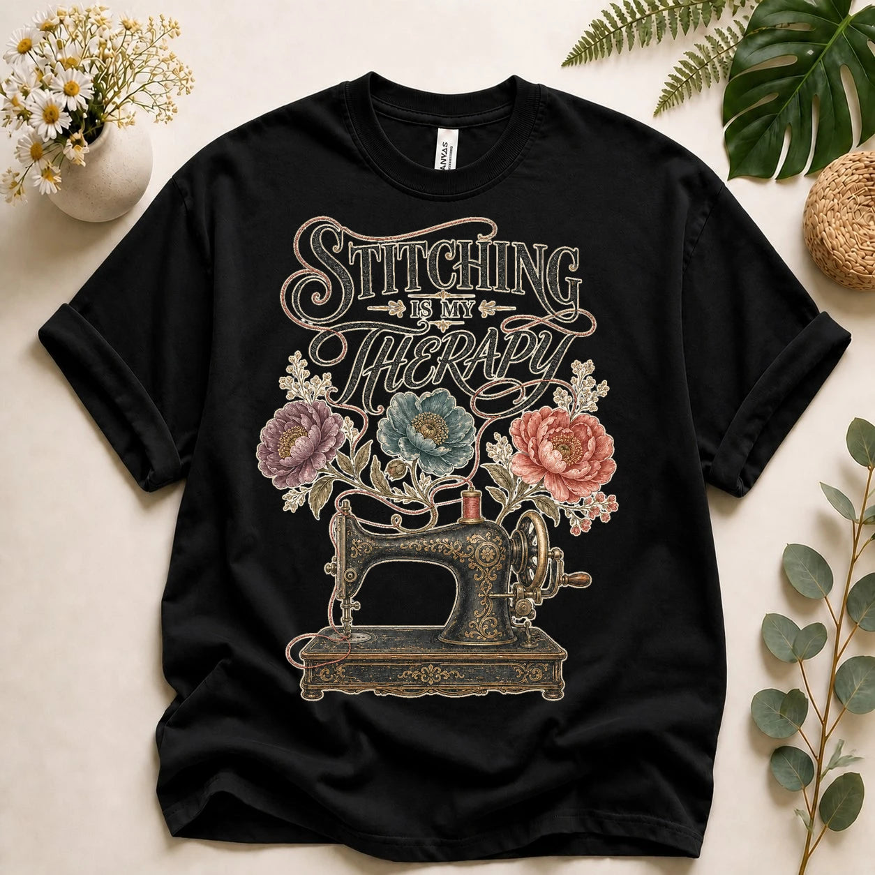 Stitching Is My Therapy Shirt – Vintage Sewing Machine Floral Tee, Gift for Sewists