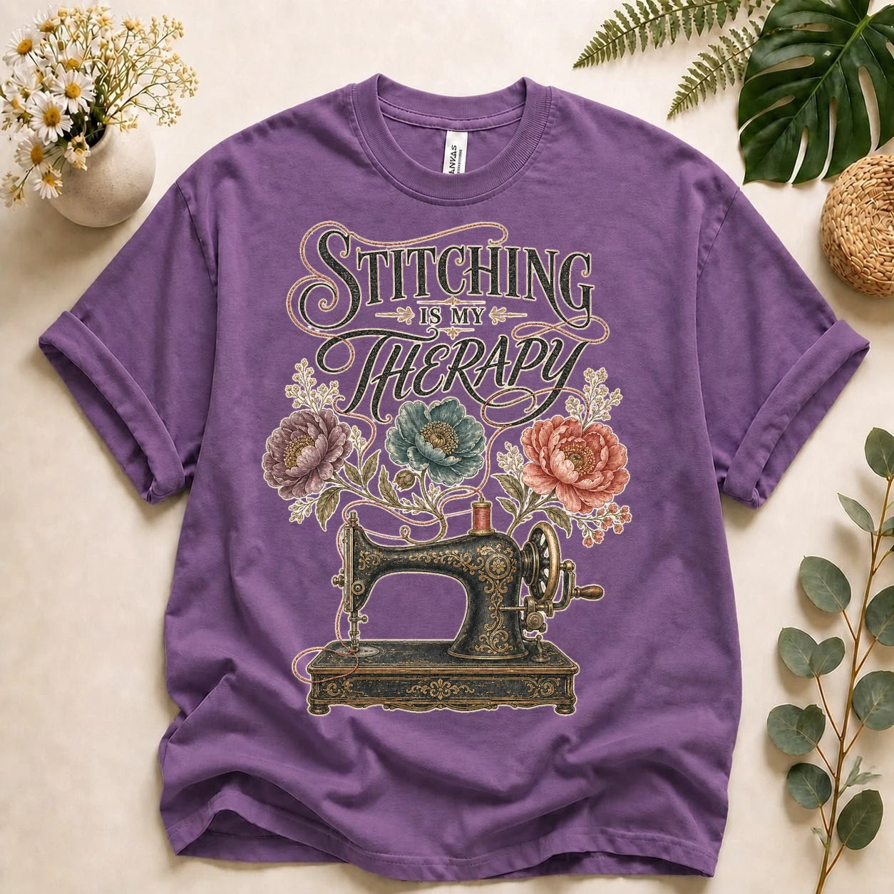 Stitching Is My Therapy Shirt – Vintage Sewing Machine Floral Tee, Gift for Sewists