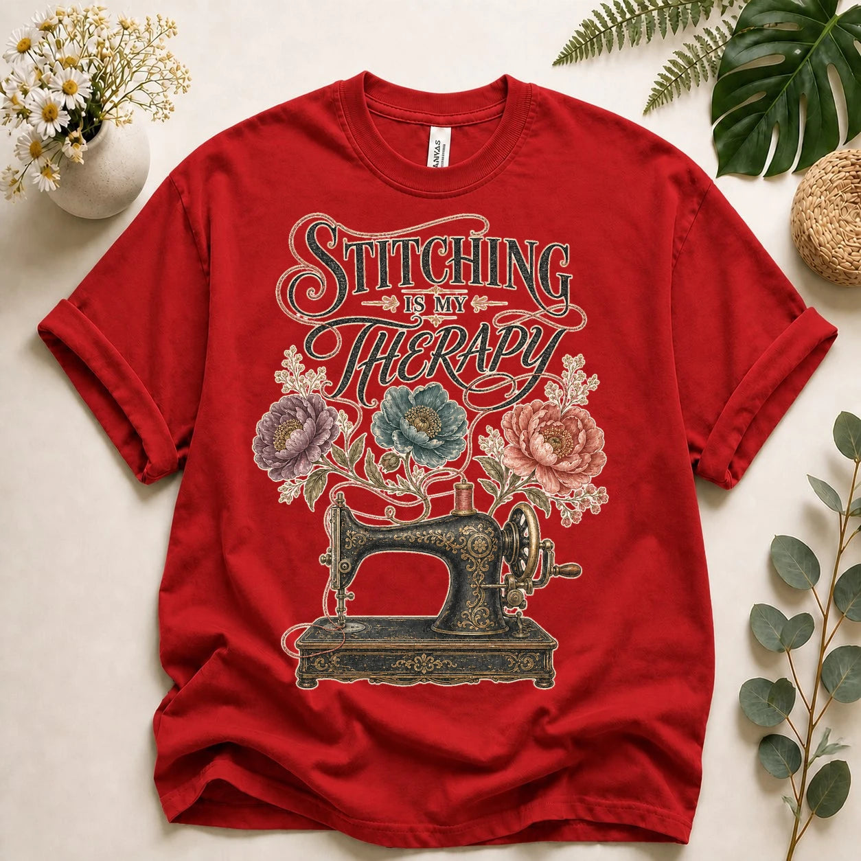Stitching Is My Therapy Shirt – Vintage Sewing Machine Floral Tee, Gift for Sewists
